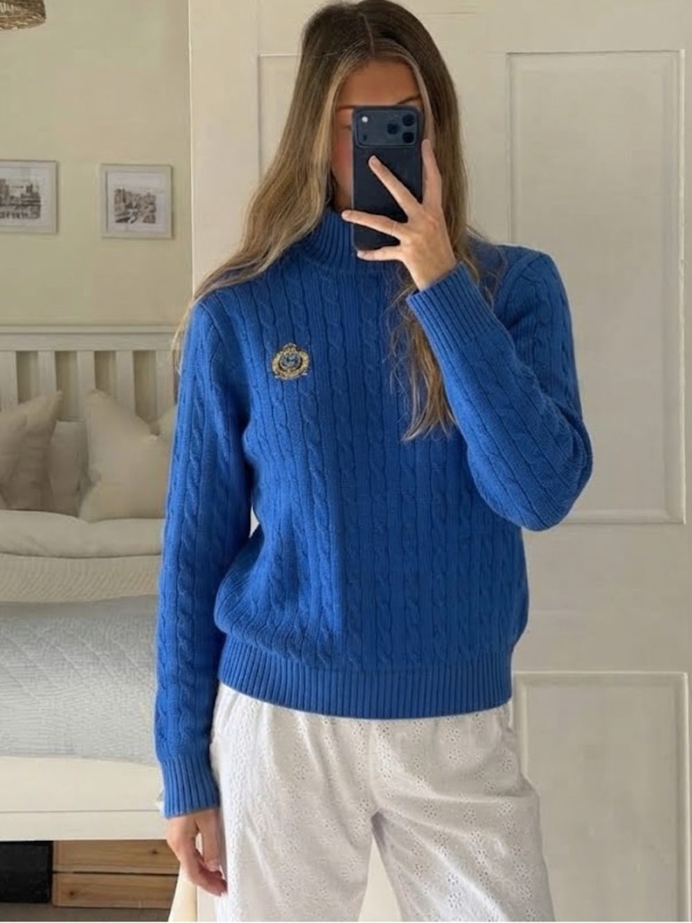 Lauren Ralph Lauren Blue Cable Knit Crest Turtleneck Sweater Size M